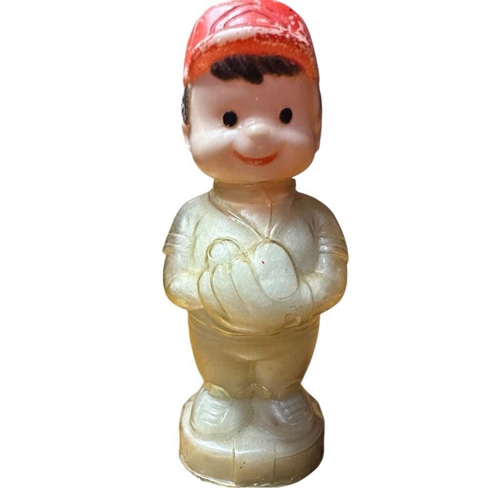 Vintage 4.5” Boy Figurine Red Hat Retro Plastic Carnival Prize Toy. Soft body